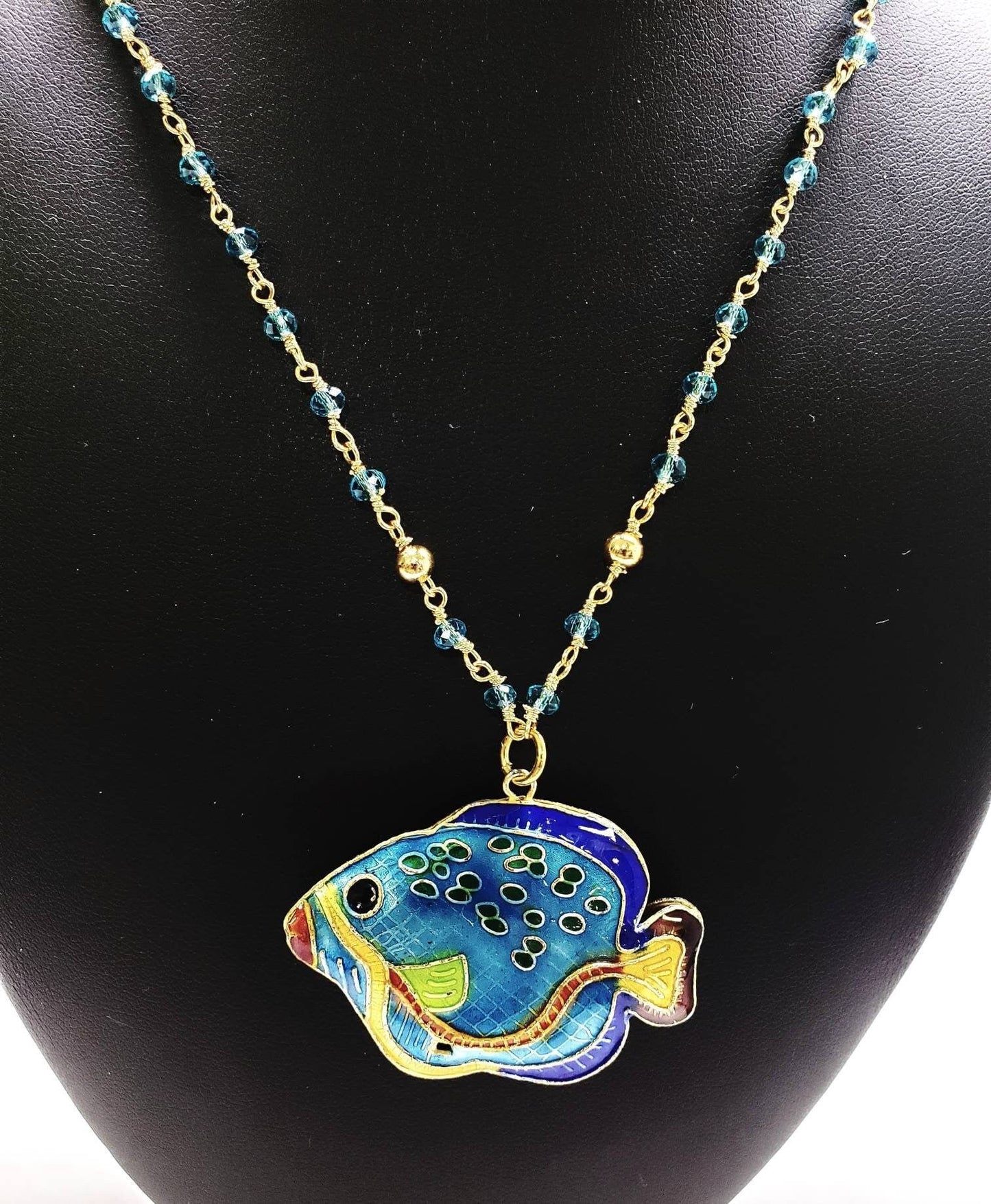 Genuine Cloisonné fish pendant 30x40mm Reversible with matching blue crystal gold beaded 20&quot;chain. Beautiful fish lover vintage gift.