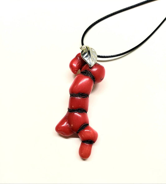 Genuine bamboo coral long stick, unique branch rhodium leaf bail pendant with black leather 18&quot;plus 2&quot; extension necklace. Man, woman gift.