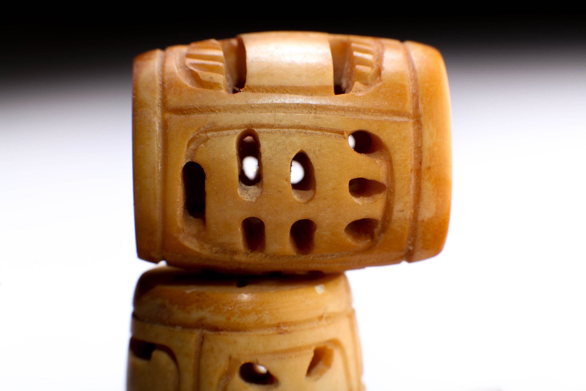 Carved Buffalo Bone Barrel 28x35mm, Hollow Drilled Bead, Art Deco