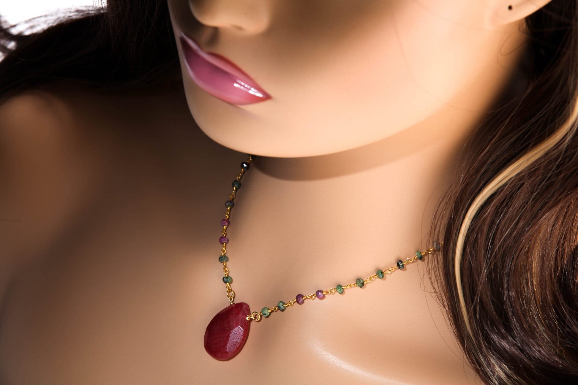 Ruby Zoisite Beaded Rosary Gold Chain Necklace with Faceted Ruby Jade 20x30 Pear Drop Pendant 16-30&quot; Necklace