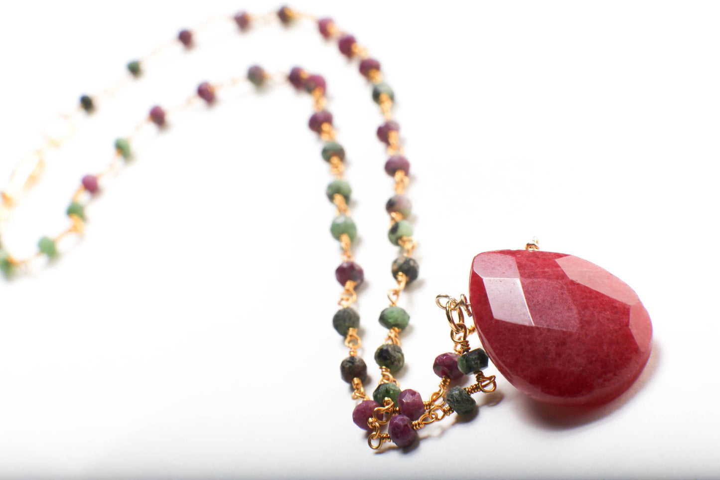 Ruby Zoisite Beaded Rosary Gold Chain Necklace with Faceted Ruby Jade 20x30 Pear Drop Pendant 16-30&quot; Necklace