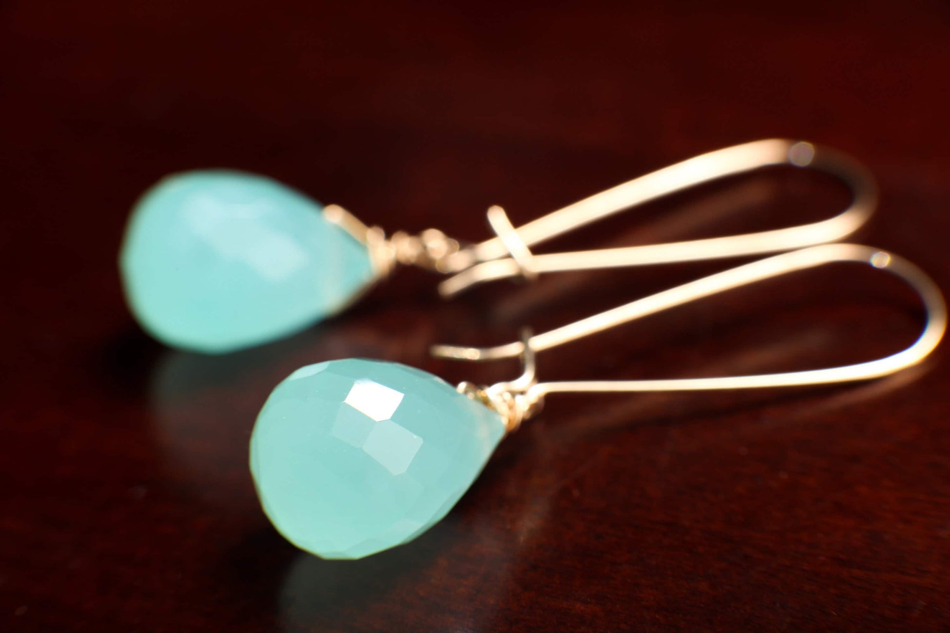 Aqua Chalcedony Faceted 11x16mm Briolette Wire Wrapped in 14K Gold Filled and 925 Sterling Silver Kidney Earwire,or Leverback Earrings gift