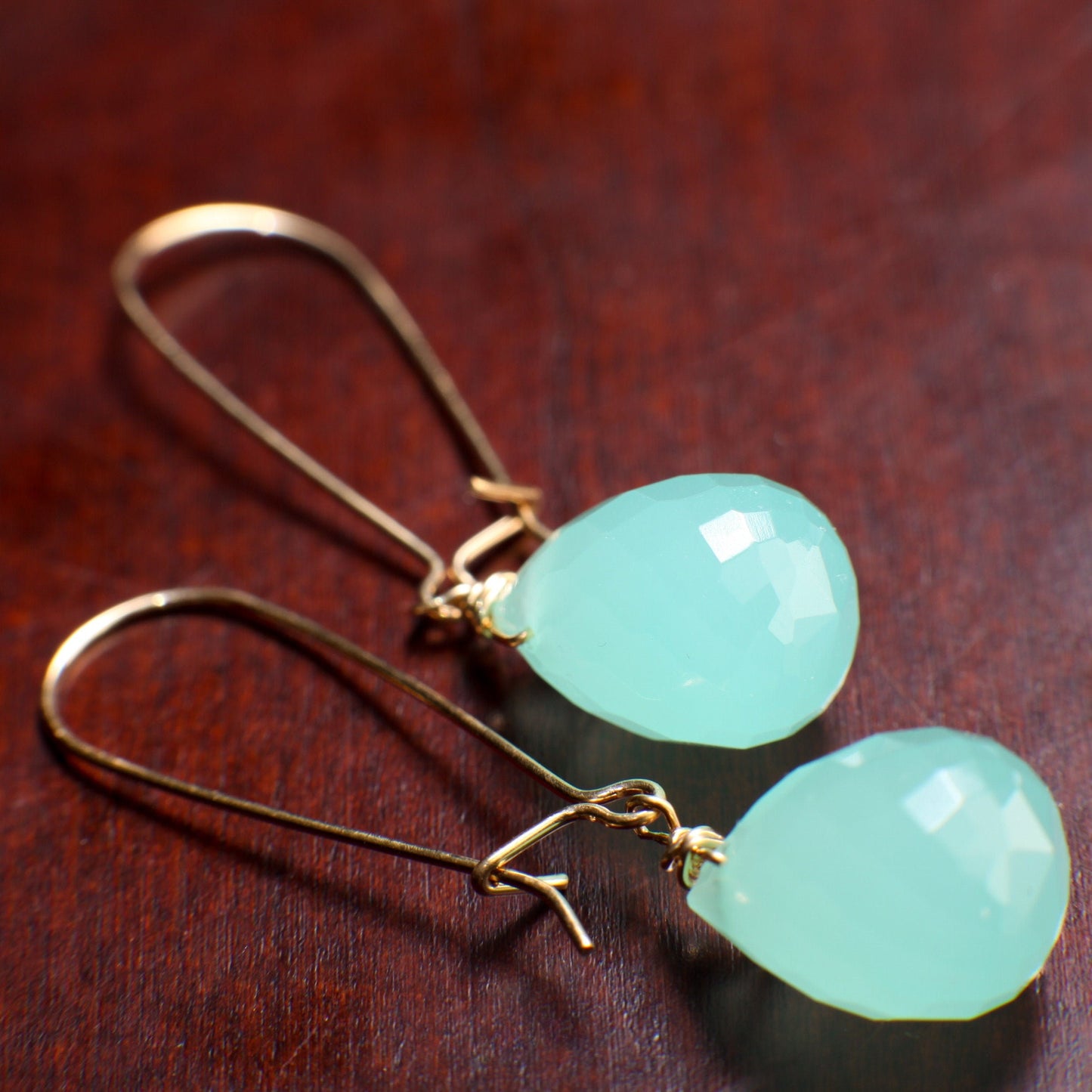Aqua Chalcedony Faceted 11x16mm Briolette Wire Wrapped in 14K Gold Filled and 925 Sterling Silver Kidney Earwire,or Leverback Earrings gift