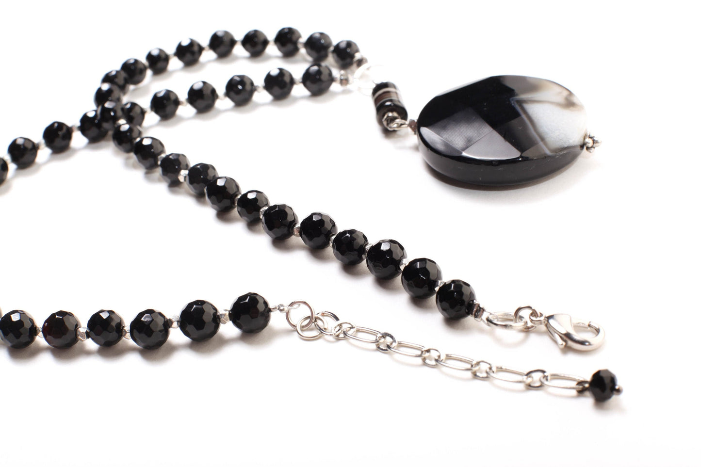 Black Fire Agate 39mm Faceted Disk Pendant with Dangling Stripe Agate Tube Accent Bead, Black Onyx Beaded Necklace 19" with 2.5" Extension