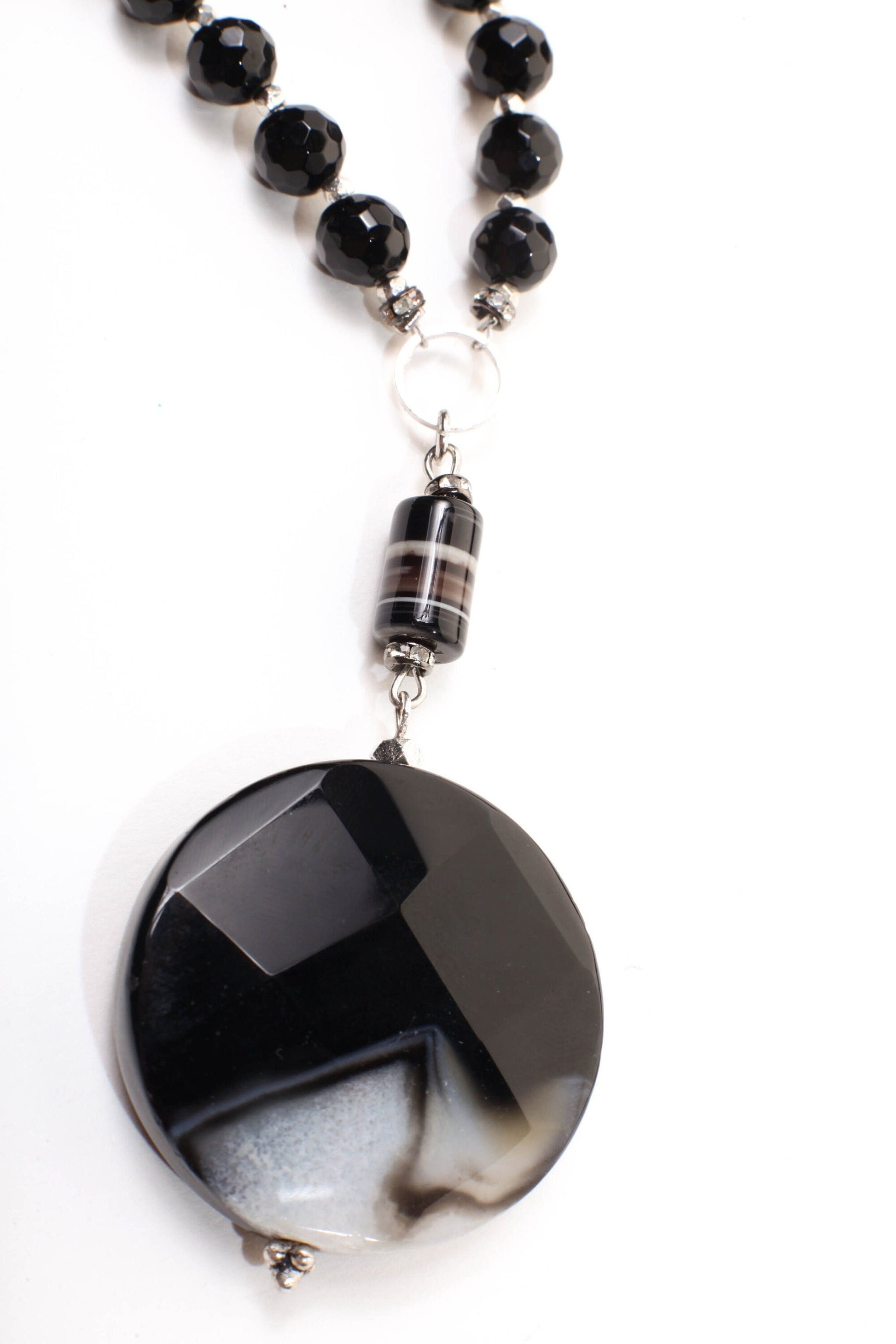 Black Fire Agate 39mm Faceted Disk Pendant with Dangling Stripe Agate Tube Accent Bead, Black Onyx Beaded Necklace 19&quot; with 2.5&quot; Extension