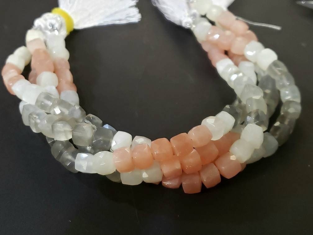 Multi Moonstone 6-6.5mm faceted dice shape cube beads, jewelry making 8" strand beads .