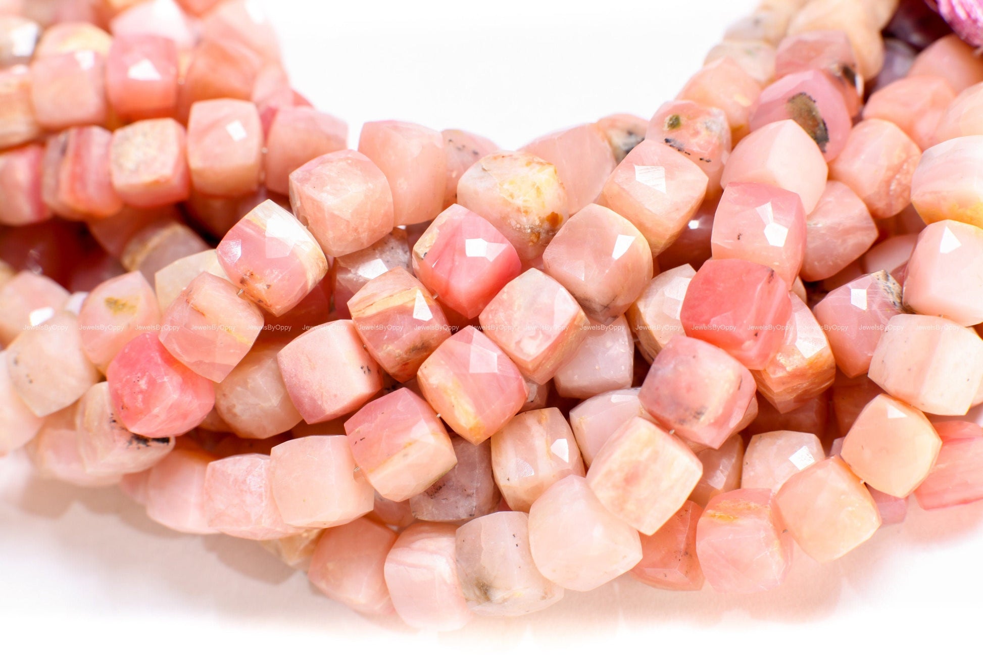 Pink Peruvian Opal 7.5-8mm Dice shape Cube Gemstone Beads, High Quality Jewelry Making Cube Beads. 8&quot; strand