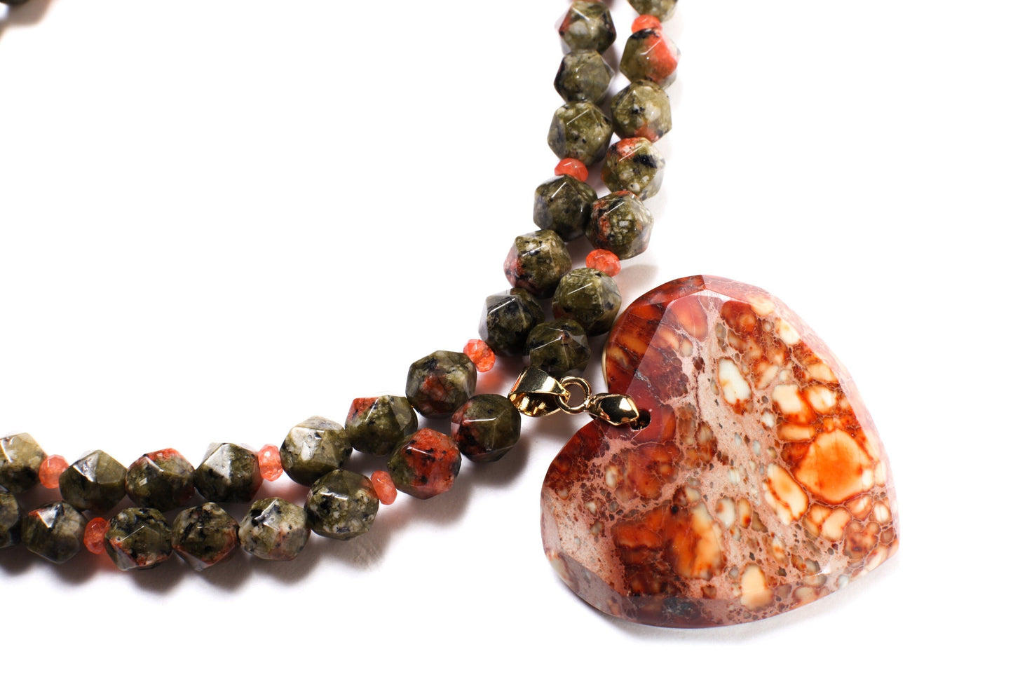 Natural Aqua Terra Jasper Faceted Heart Pendant with Unakite Jasper Octagon Faceted with Carnelian Accent Spacer Beads 2 Line 21&quot; Necklace