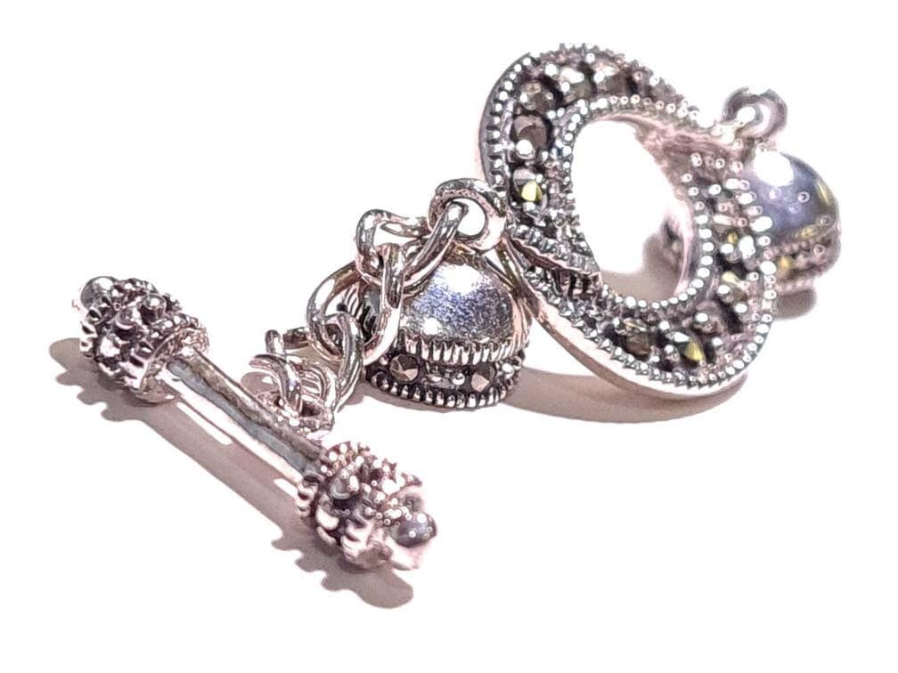 925 Sterling Silver Marcasite Toggle Clasp, 15mm circle, 17mm bar and 7mm cup, Vintage Marcasite Toggle Clasp with 1/2&quot; Extension. 1 set