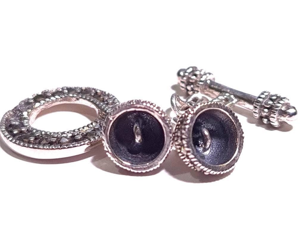 925 Sterling Silver Marcasite Toggle Clasp, 15mm circle, 17mm bar and 7mm cup, Vintage Marcasite Toggle Clasp with 1/2" Extension. 1 set
