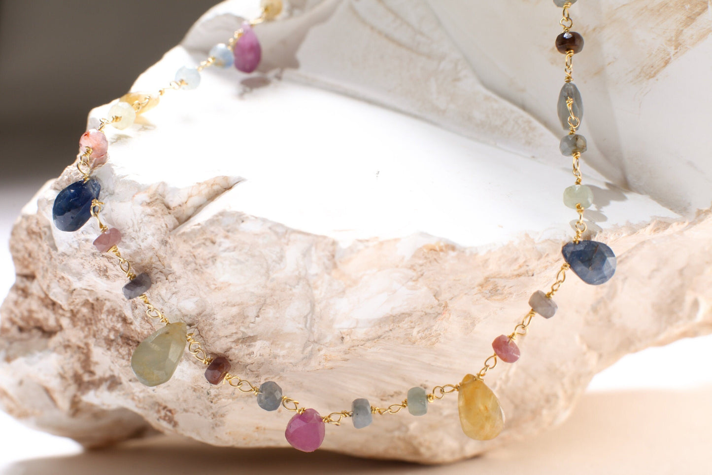 Multi Sapphire Necklace Wire Wrapped Dangling Faceted Pear Drop 5x7-6x9mm with Sapphire Rondelle in 14K Gold Filled Chain & Clasp Necklace