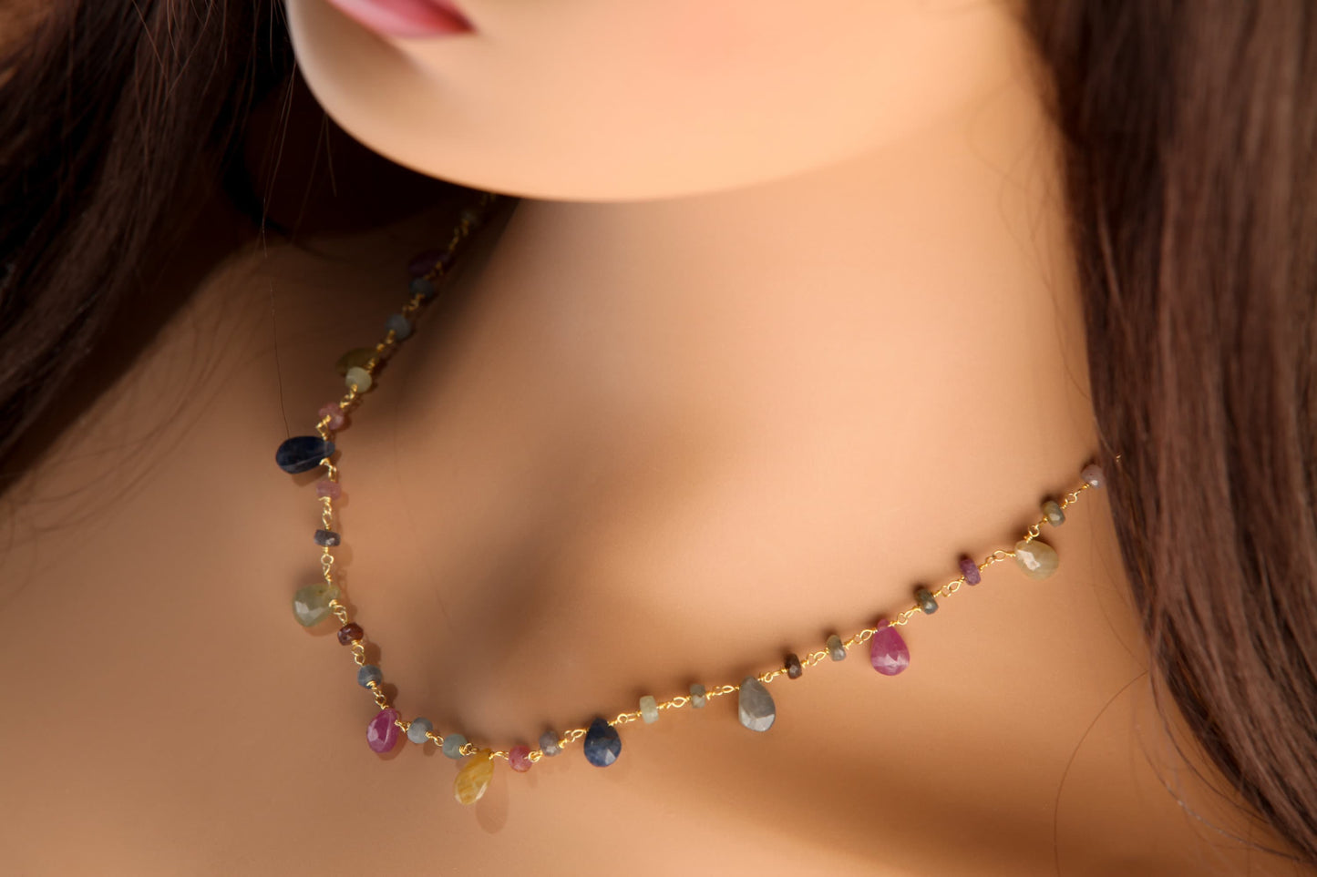 Multi Sapphire Necklace Wire Wrapped Dangling Faceted Pear Drop 5x7-6x9mm with Sapphire Rondelle in 14K Gold Filled Chain & Clasp Necklace