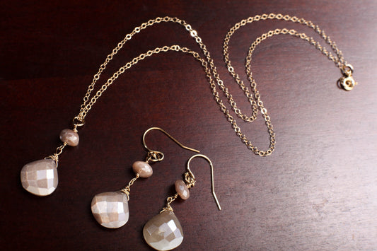 Peach Moonstone Faceted Pear Drop, 14k Gold Filled Necklace and Earrings Jewelry Set. Wire Wrapped Handmade Elegant Moonstone jewelry Gift