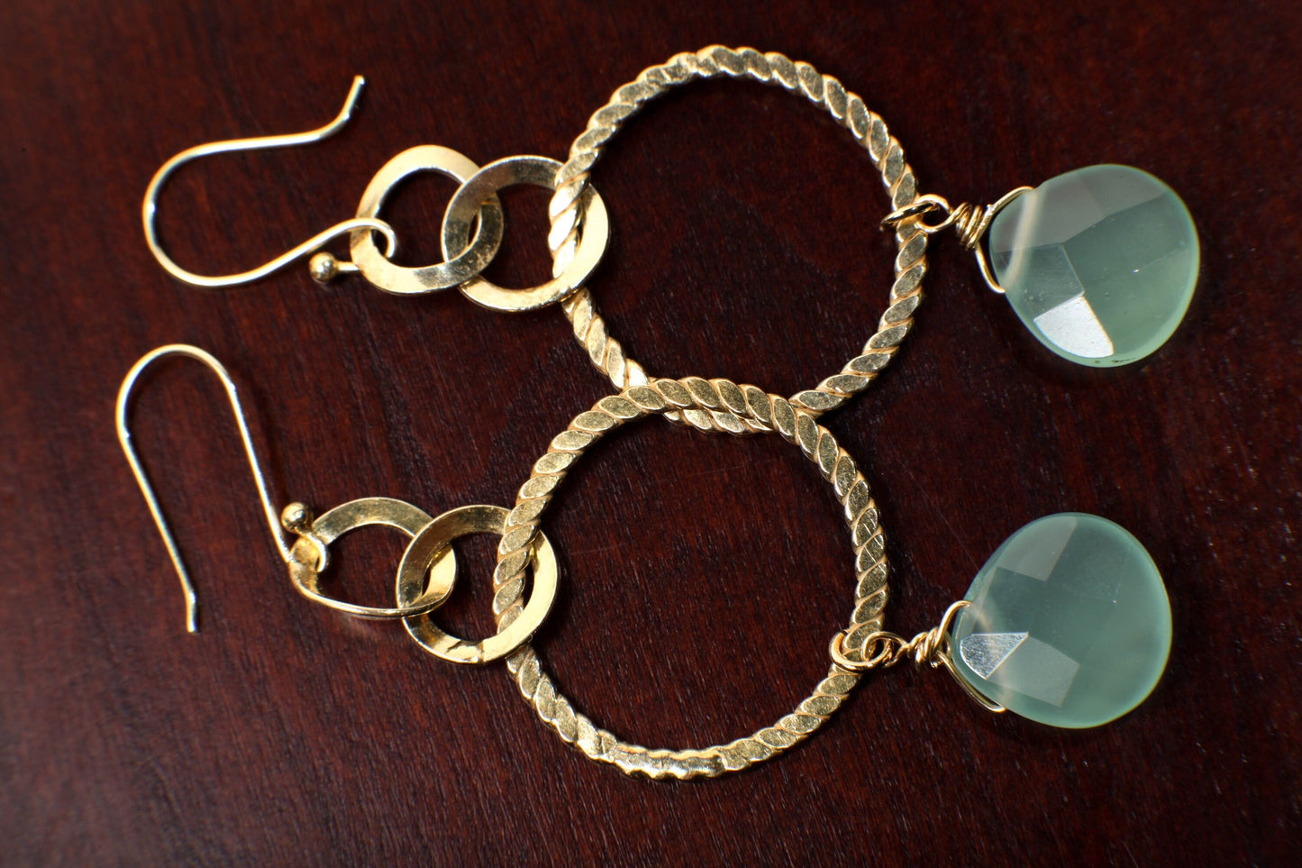 Aqua Chalcedony Faceted heart Drop Wire Wrapped Dangling with Hammered 18k Gold vermeil 925 Sterling Silver Hoop Earrings valentines gift