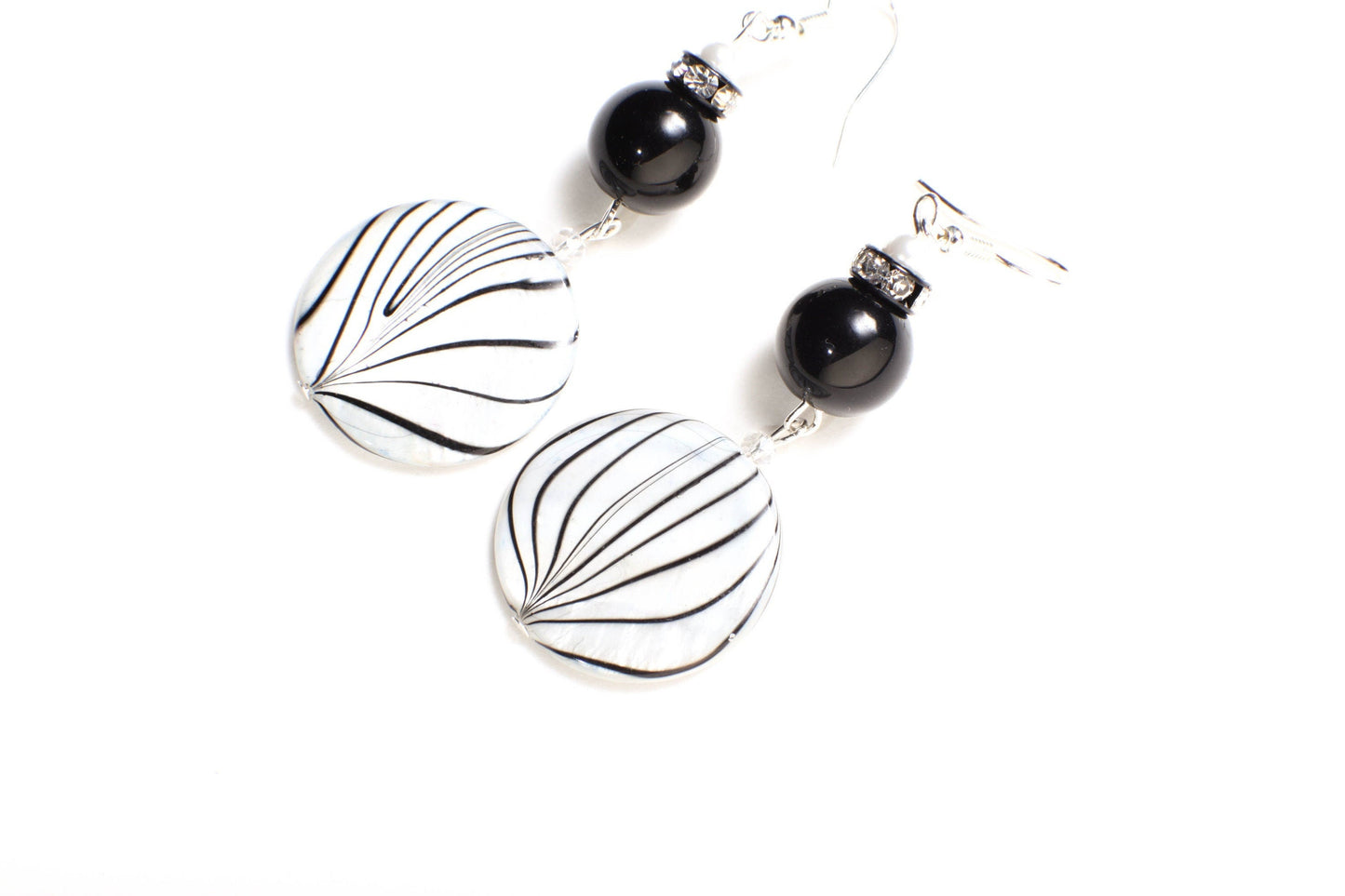 Mother of Pearl Shell 25mm Natural White with Dangling Black Onyx, Rhinestone Crystal Rondelle Spacers Silver Earwire Earrings, Gift for her