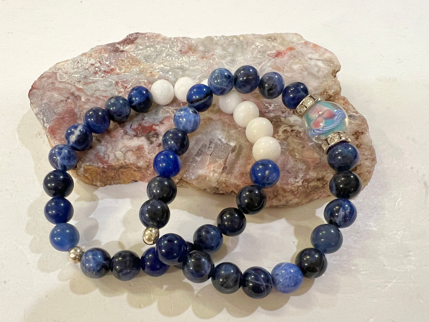 Genuine sodalite 8mm round bracelet. Sodalite with white jade and sodalite and sodalite with lamp work glass bead focal bracelet. 6”-10”