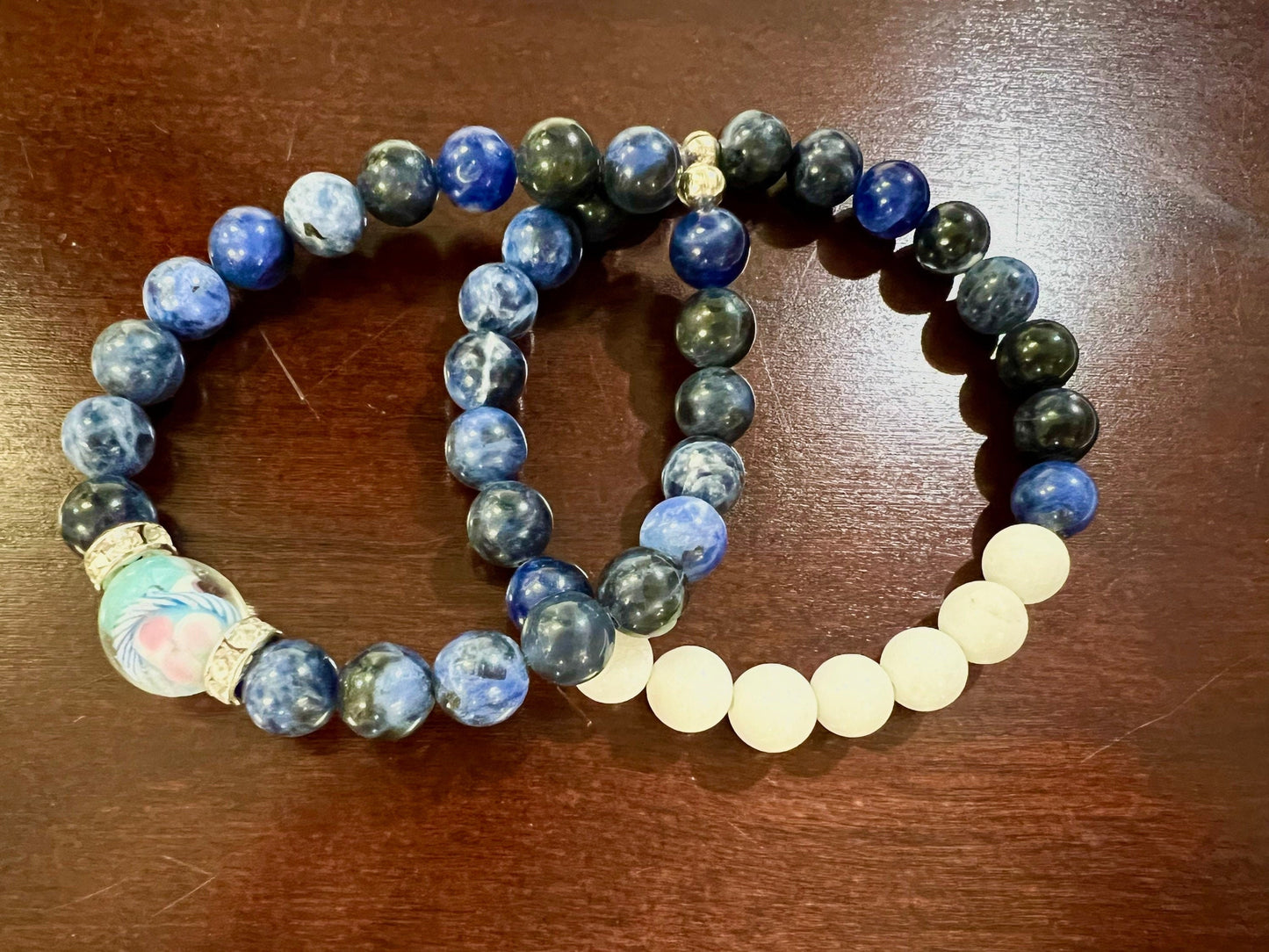 Genuine sodalite 8mm round bracelet. Sodalite with white jade and sodalite and sodalite with lamp work glass bead focal bracelet. 6”-10”