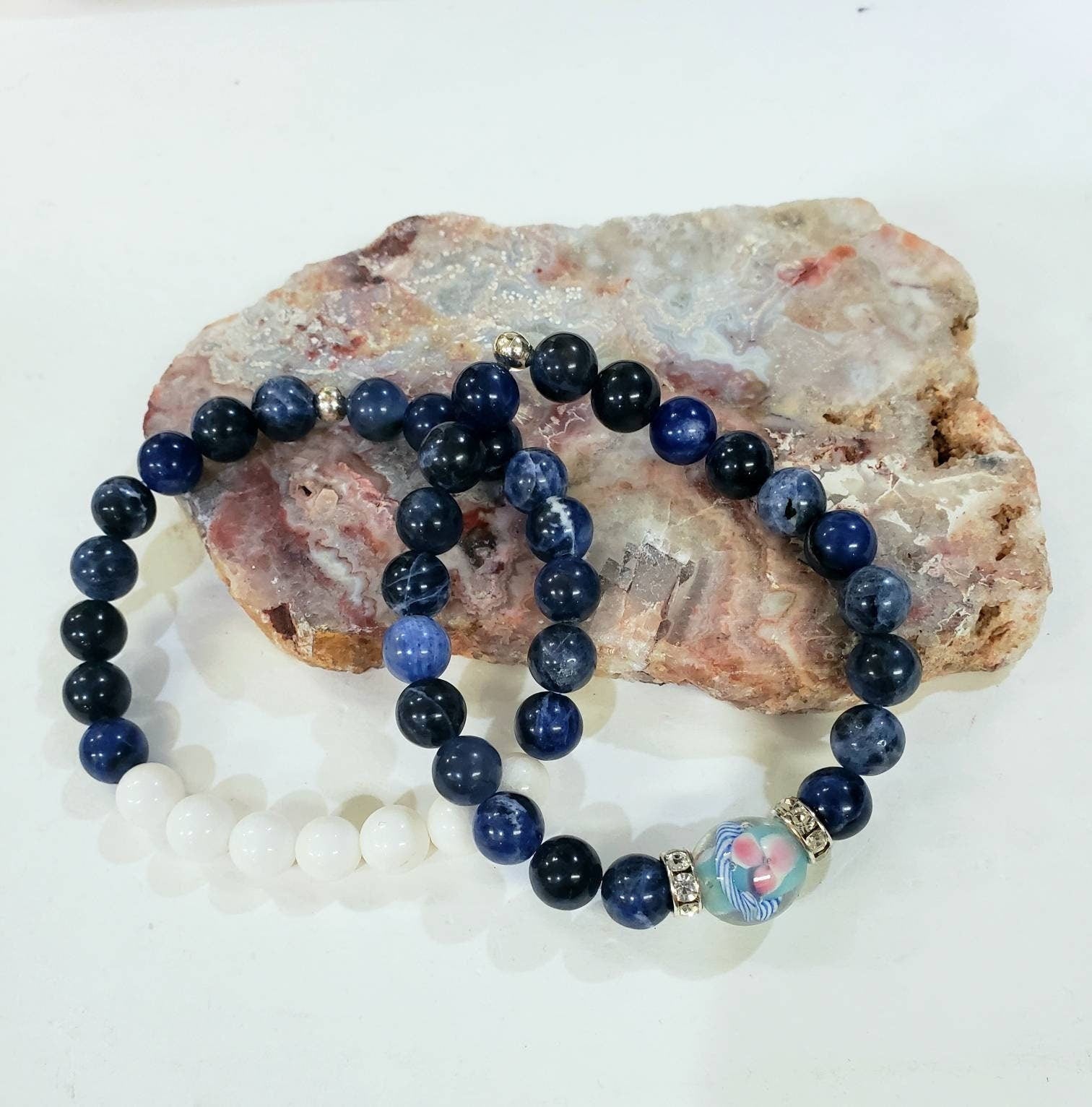 Genuine sodalite 8mm round bracelet. Sodalite with white jade and sodalite and sodalite with lamp work glass bead focal bracelet. 6”-10”