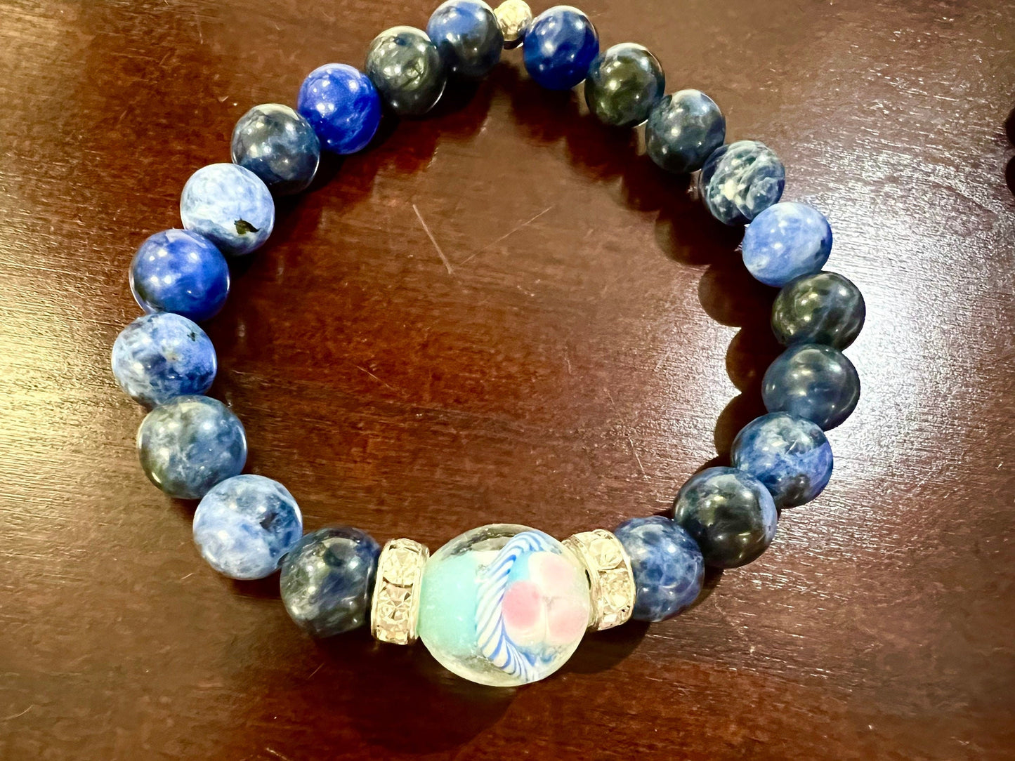 Genuine sodalite 8mm round bracelet. Sodalite with white jade and sodalite and sodalite with lamp work glass bead focal bracelet. 6”-10”