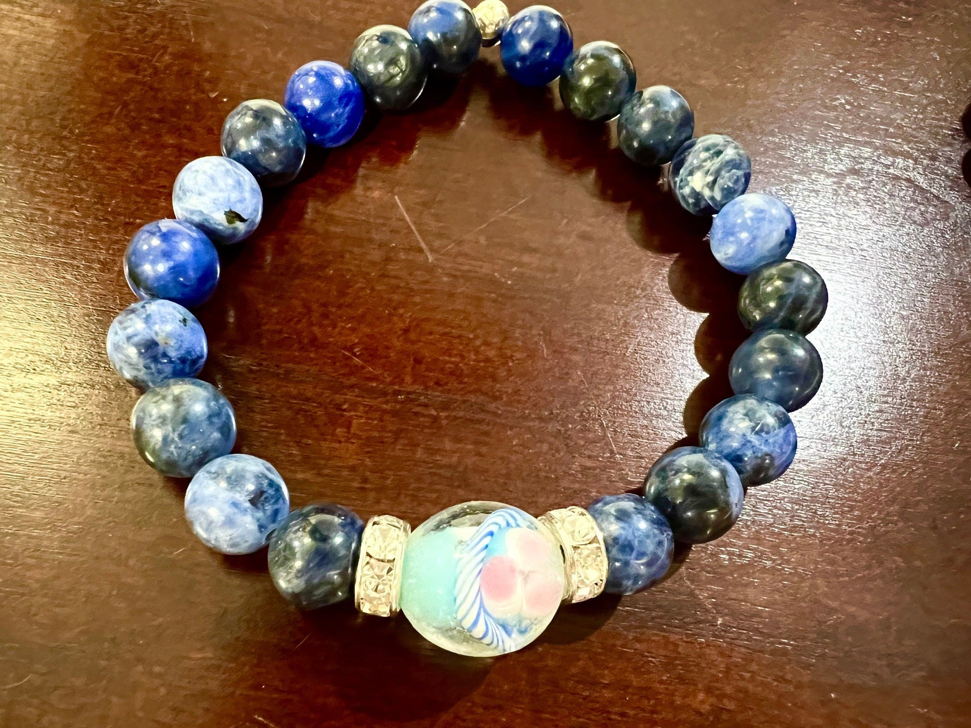 Genuine sodalite 8mm round bracelet. Sodalite with white jade and sodalite and sodalite with lamp work glass bead focal bracelet. 6”-10”