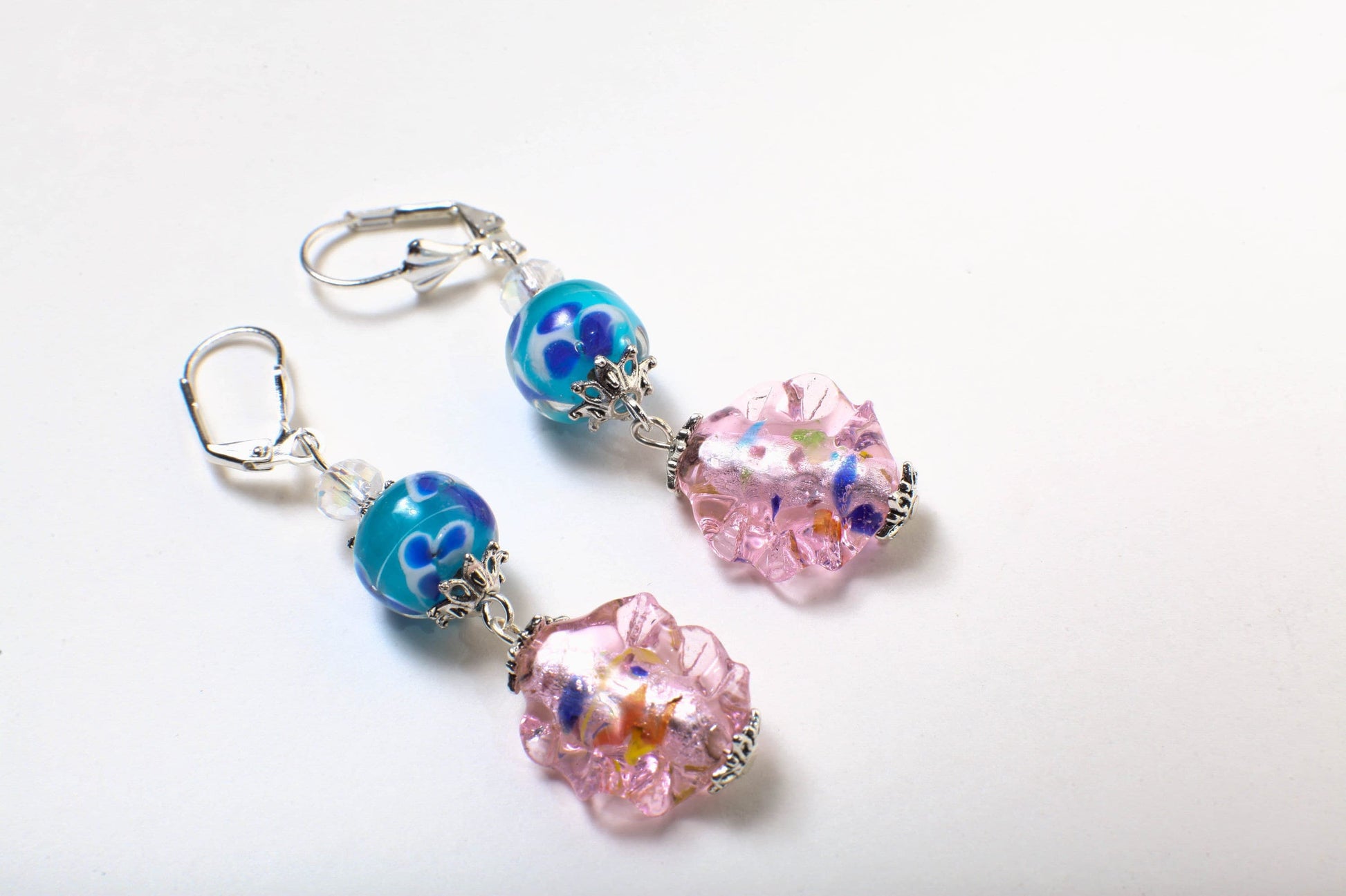 Glass Lamp work Pink Leaf Wave Bead 17x19mm Dangling with Blue Lamp Work Round Czech Glass Foil Bead Silver Earrings, Handmade Gift for Her