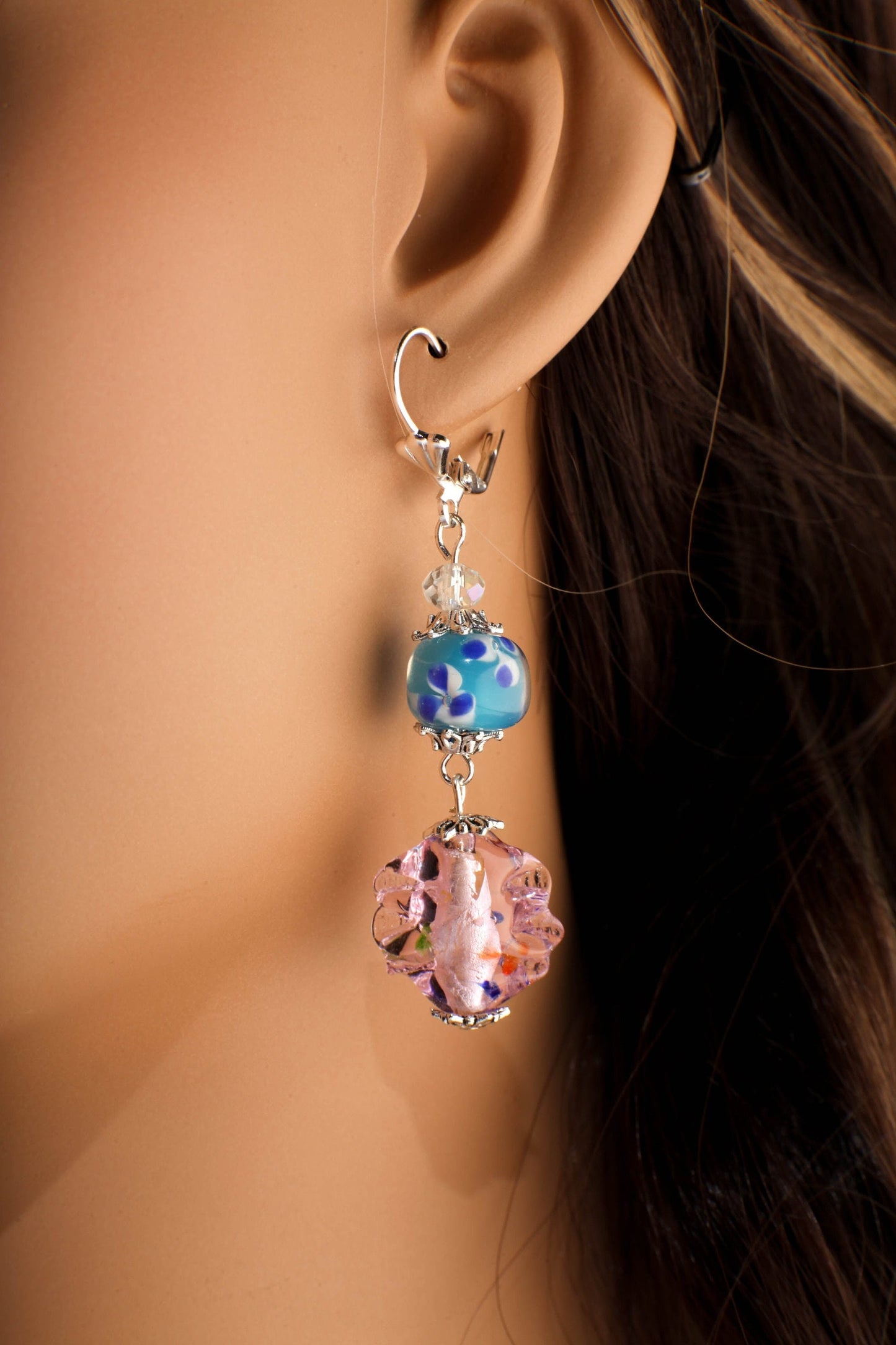 Glass Lamp work Pink Leaf Wave Bead 17x19mm Dangling with Blue Lamp Work Round Czech Glass Foil Bead Silver Earrings, Handmade Gift for Her