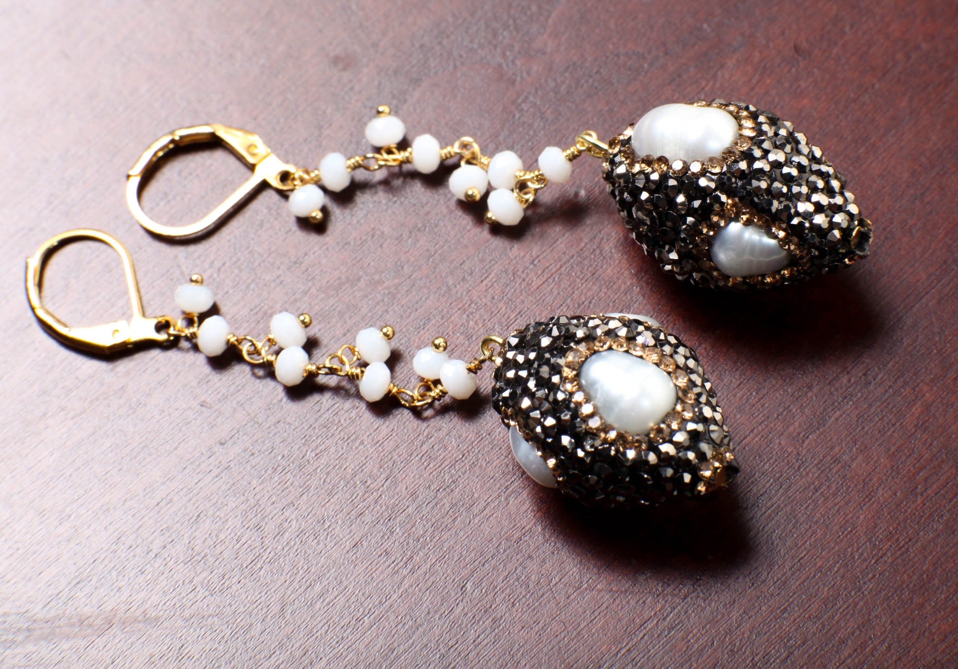 Genuine Freshwater Baroque Pearl, Rhinestone Crystal Inlaid Pave with Dangling Wire Wrapped Crystal Beaded Leverback Earrings Gift For Her