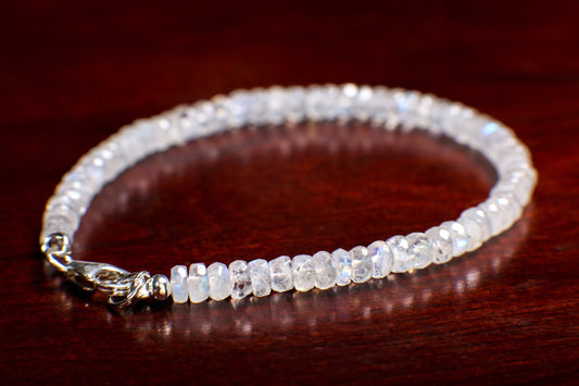 Moonstone Faceted Rondelle 4-5mm Bracelet in 925 Sterling Silver or 14K Gold Filled Clasp, Natural Precious gift for her.