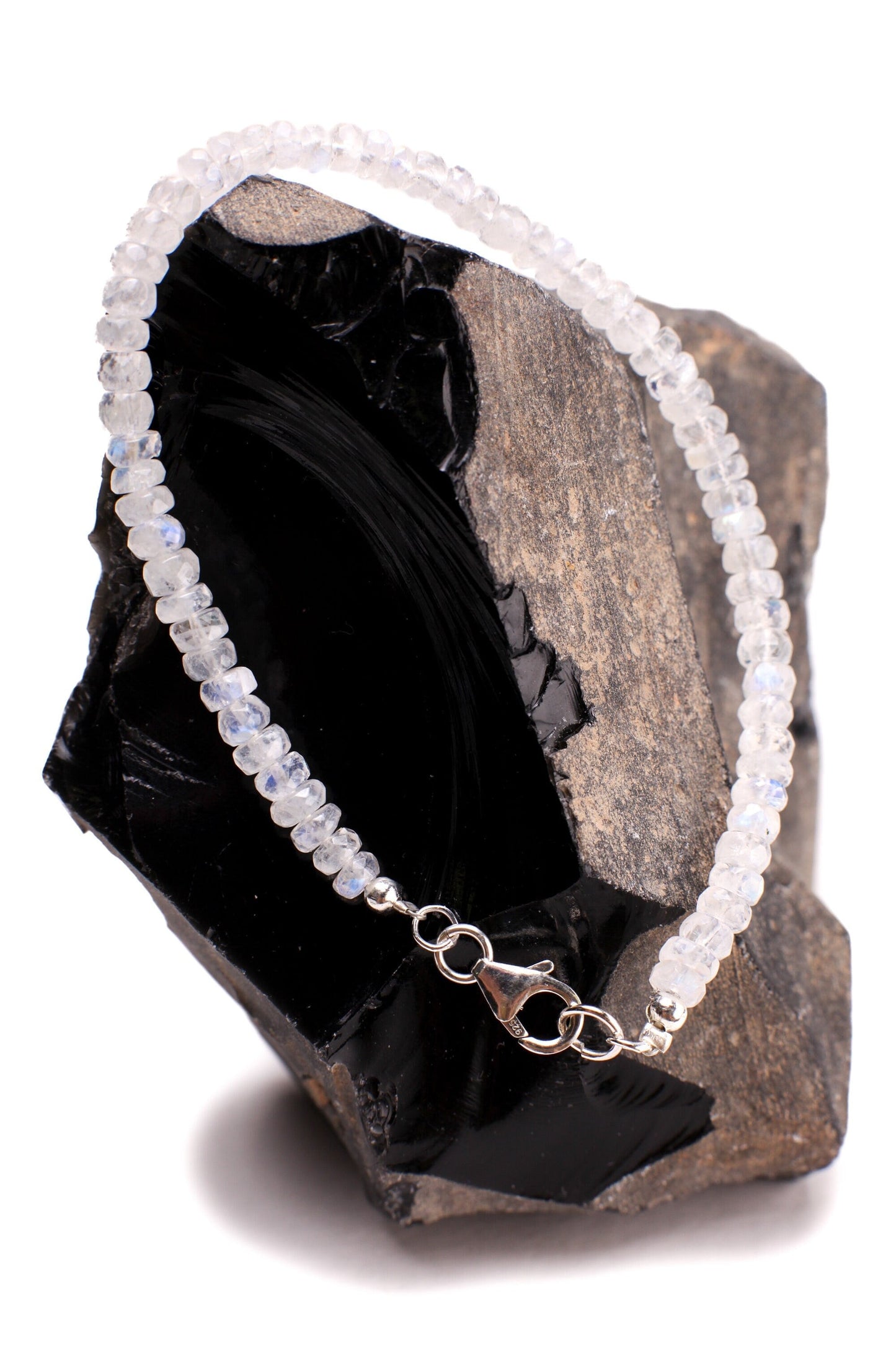 Moonstone Faceted Rondelle 4-5mm Bracelet in 925 Sterling Silver or 14K Gold Filled Clasp, Natural Precious gift for her.