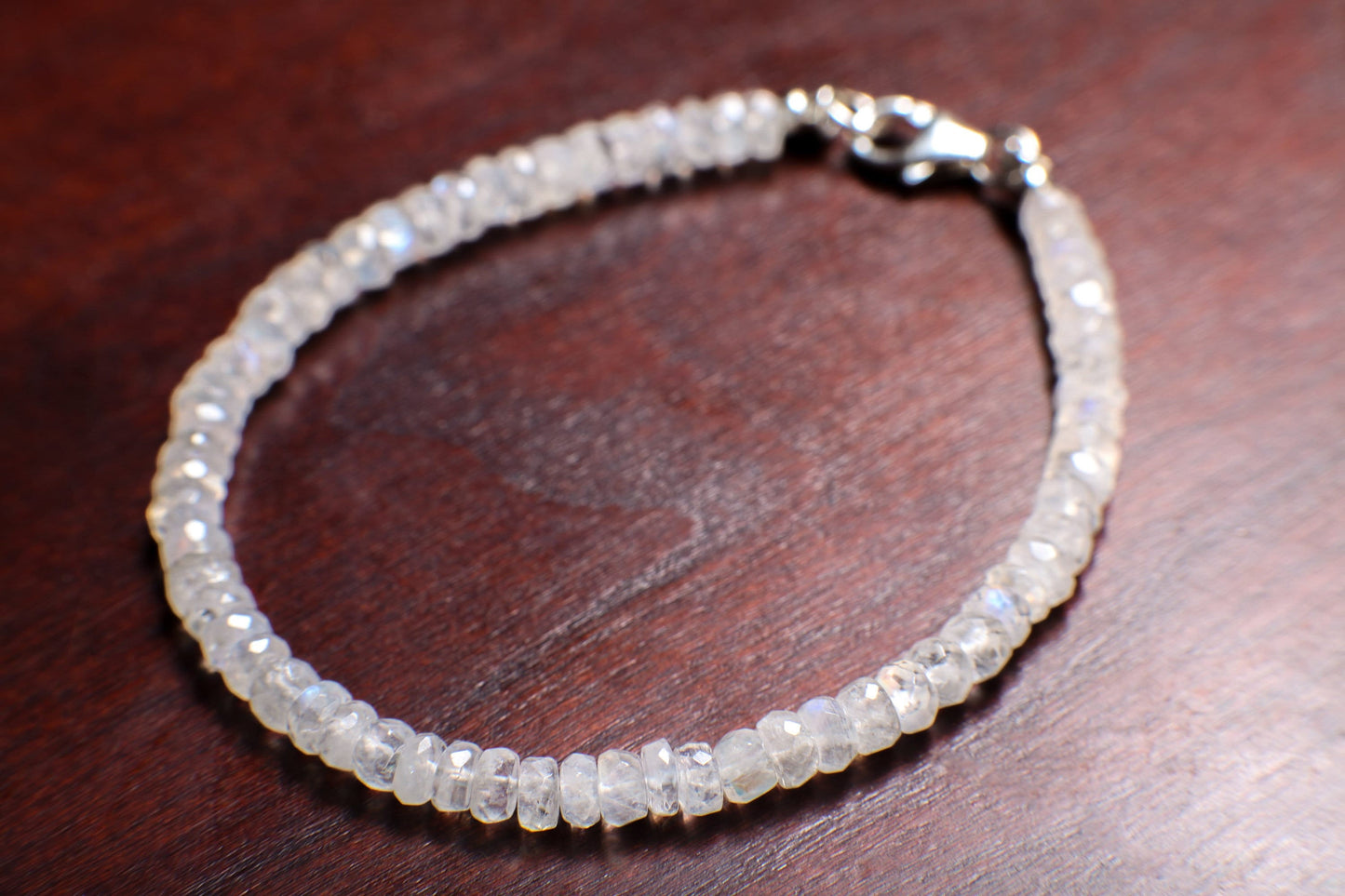 Moonstone Faceted Rondelle 4-5mm Bracelet in 925 Sterling Silver or 14K Gold Filled Clasp, Natural Precious gift for her.
