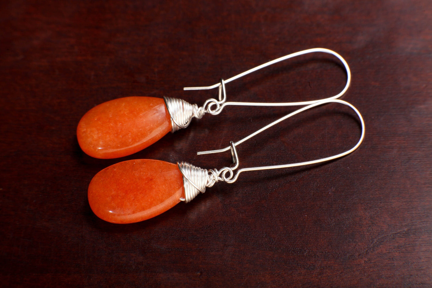 Orange Carnelian Pear Drop Wire Wrapped Dangling Earrings in 925 Sterling Silver. Soothing Orange Earring, Handmade Gift