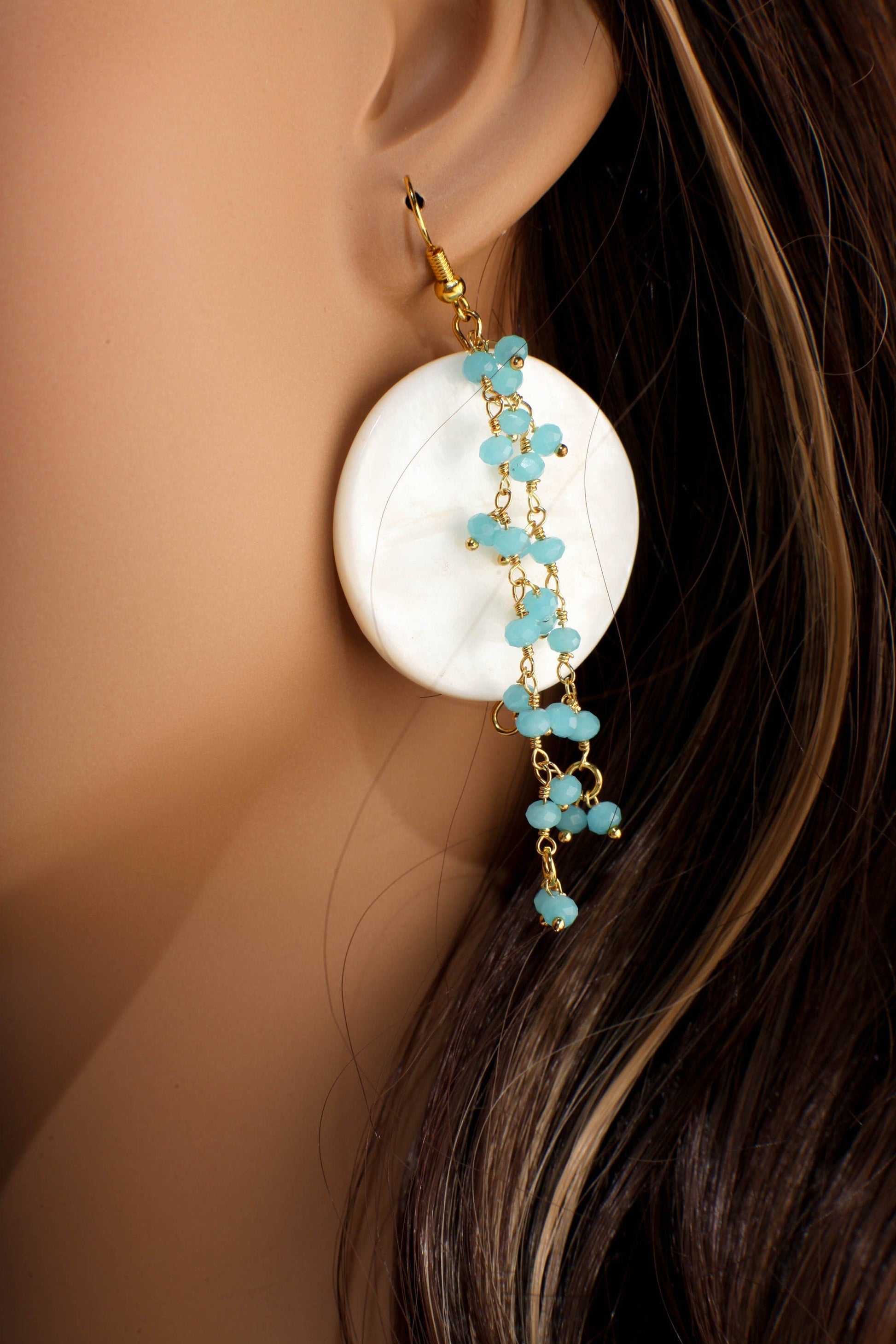 Mother of Pearl Shell 35mm Natural White with Dangling Blue Aqua Chalcedony crystal Cluster Gold Earwire Earrings, Beach, Boho Gift for her
