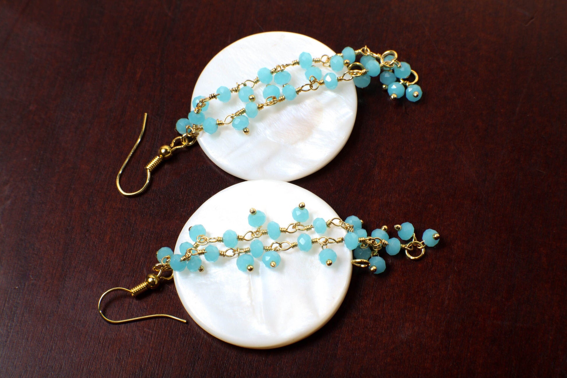 Mother of Pearl Shell 35mm Natural White with Dangling Blue Aqua Chalcedony crystal Cluster Gold Earwire Earrings, Beach, Boho Gift for her