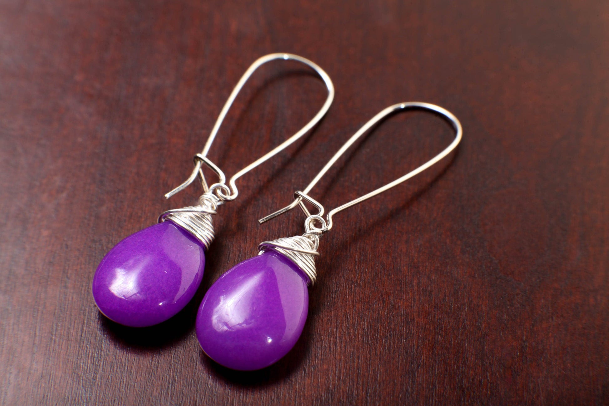 Purple Jade Pear Drop Wire Wrapped Dangling Earrings in 925 Sterling Silver Kidney Ear Wire, Soothing Purple Earring, Handmade Gift for Her