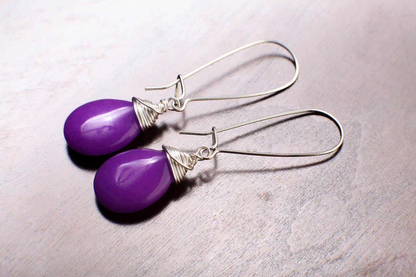 Purple Jade Pear Drop Wire Wrapped Dangling Earrings in 925 Sterling Silver Kidney Ear Wire, Soothing Purple Earring, Handmade Gift for Her