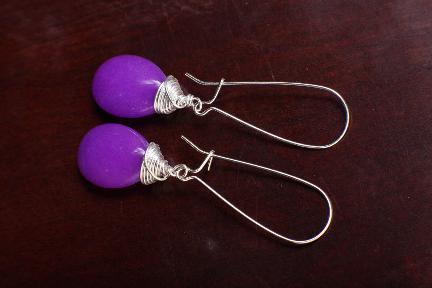 Purple Jade Pear Drop Wire Wrapped Dangling Earrings in 925 Sterling Silver Kidney Ear Wire, Soothing Purple Earring, Handmade Gift for Her