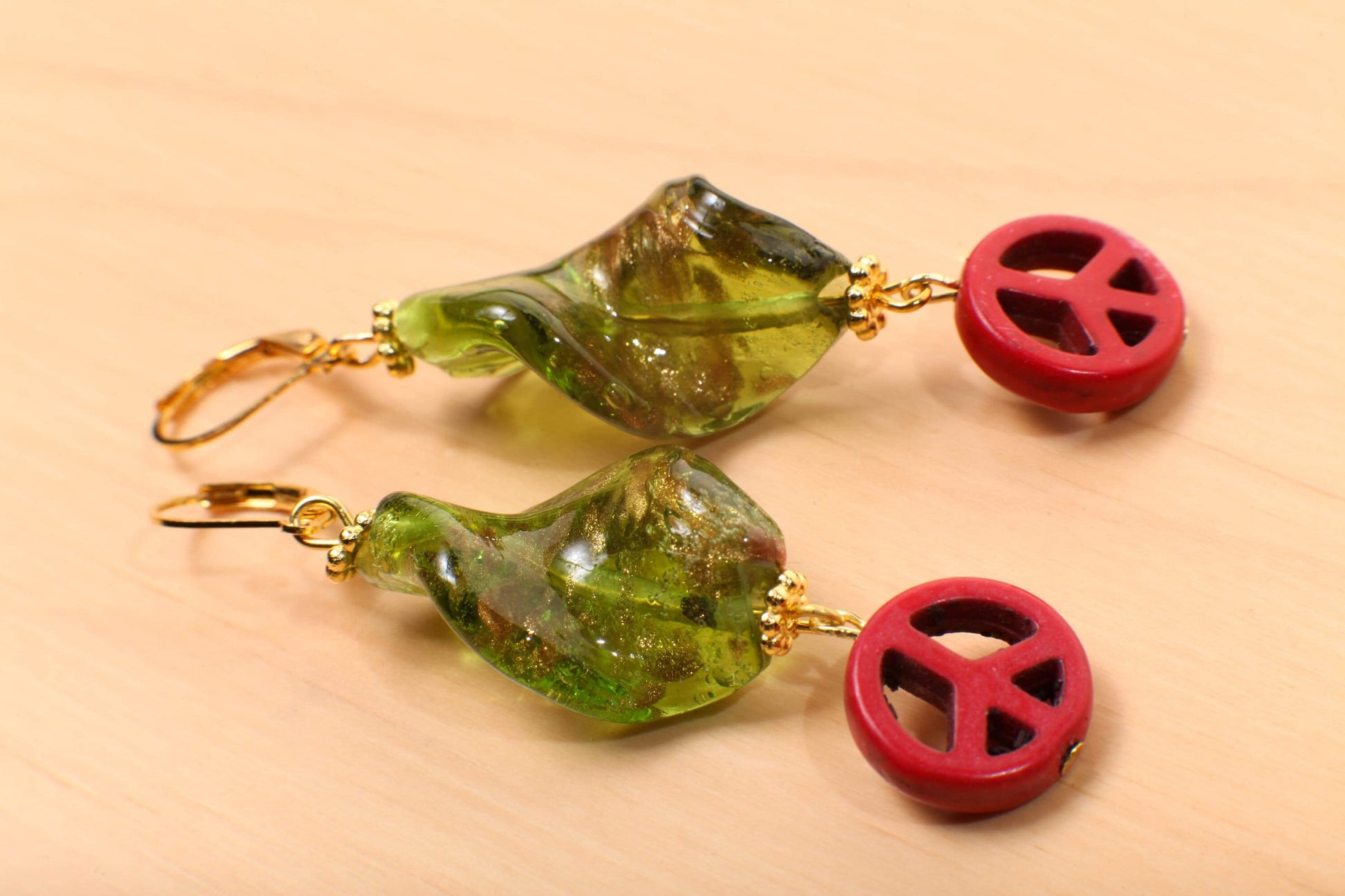 Gold Foil Czech Glass Lamp work Peridot Green Twisted Gold Foil Bead 18x28mm Dangle Peace Sign Gold Earrings, Vintage Handmade Gift for Her