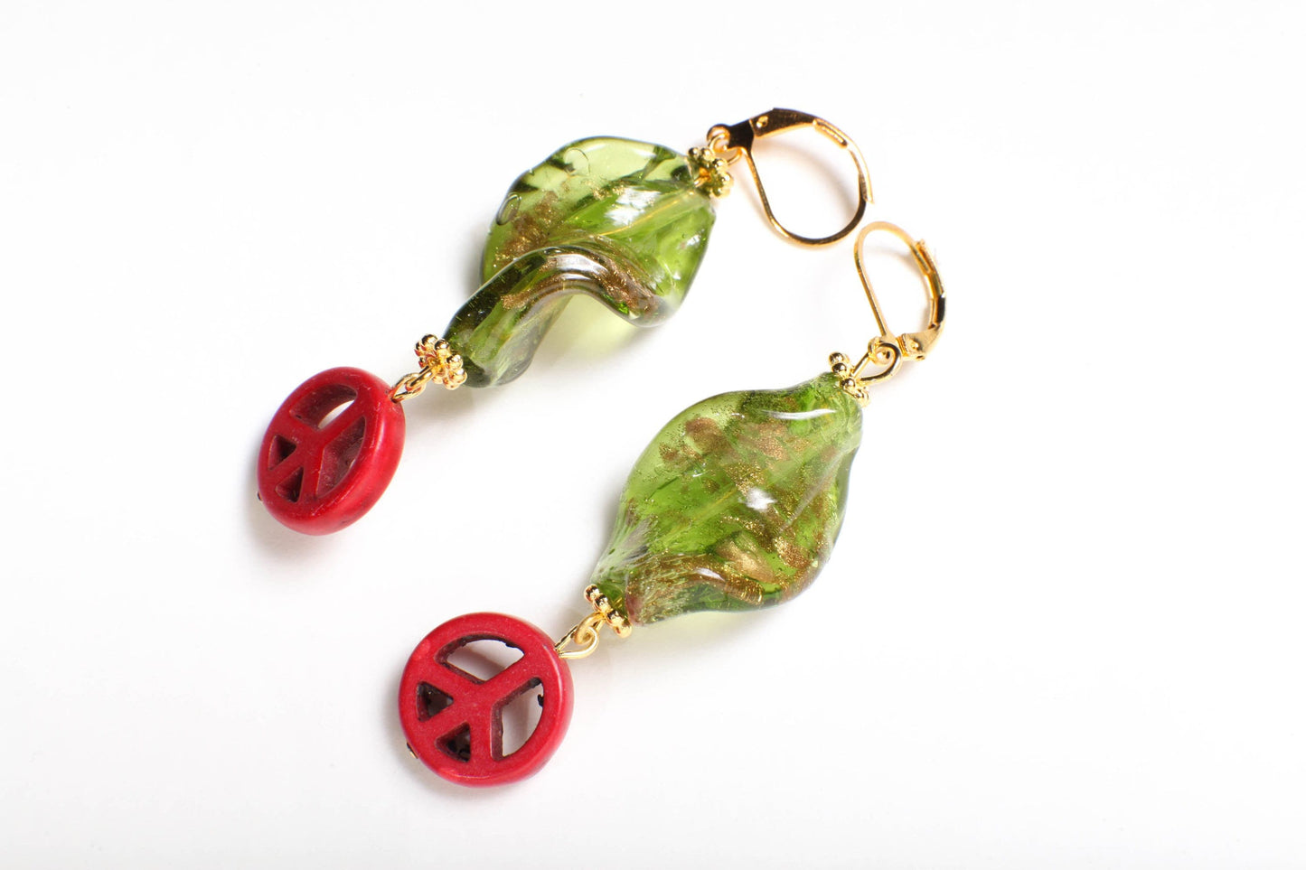 Gold Foil Czech Glass Lamp work Peridot Green Twisted Gold Foil Bead 18x28mm Dangle Peace Sign Gold Earrings, Vintage Handmade Gift for Her