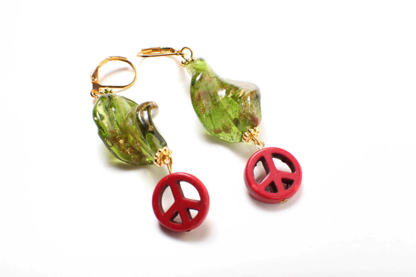 Gold Foil Czech Glass Lamp work Peridot Green Twisted Gold Foil Bead 18x28mm Dangle Peace Sign Gold Earrings, Vintage Handmade Gift for Her