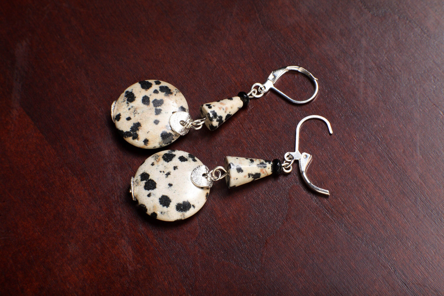 Dalmatian Jasper 20mm Round Disk with Dangling Cone in Choice of Silver Leverback or Clip On Earrings