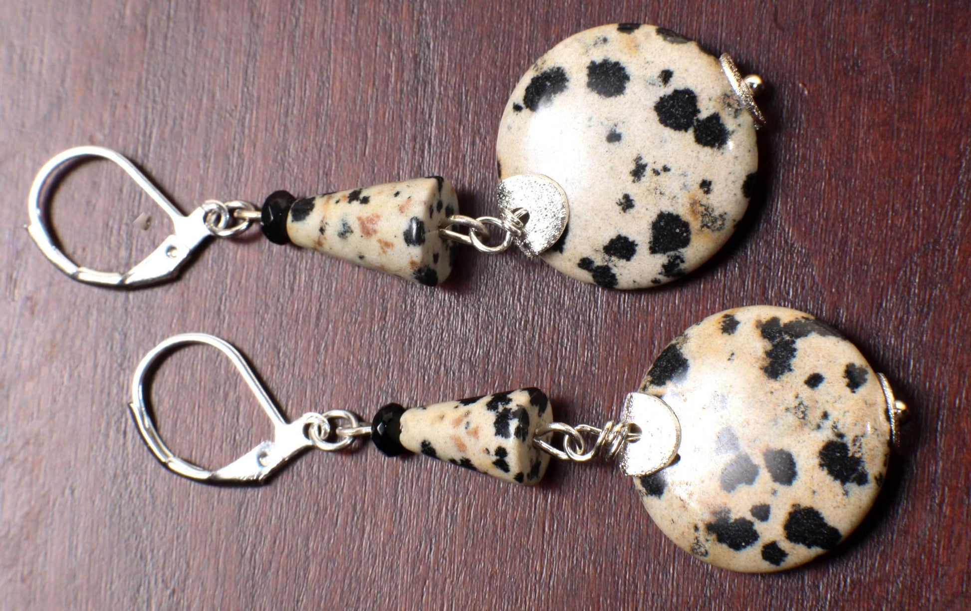 Dalmatian Jasper 20mm Round Disk with Dangling Cone in Choice of Silver Leverback or Clip On Earrings