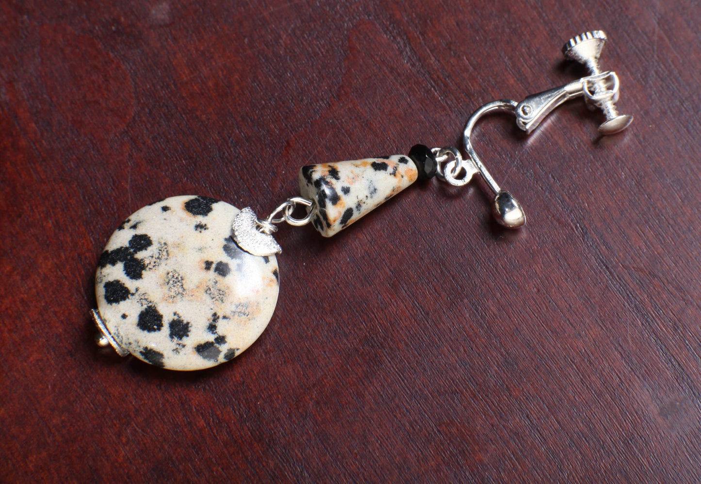 Dalmatian Jasper 20mm Round Disk with Dangling Cone in Choice of Silver Leverback or Clip On Earrings