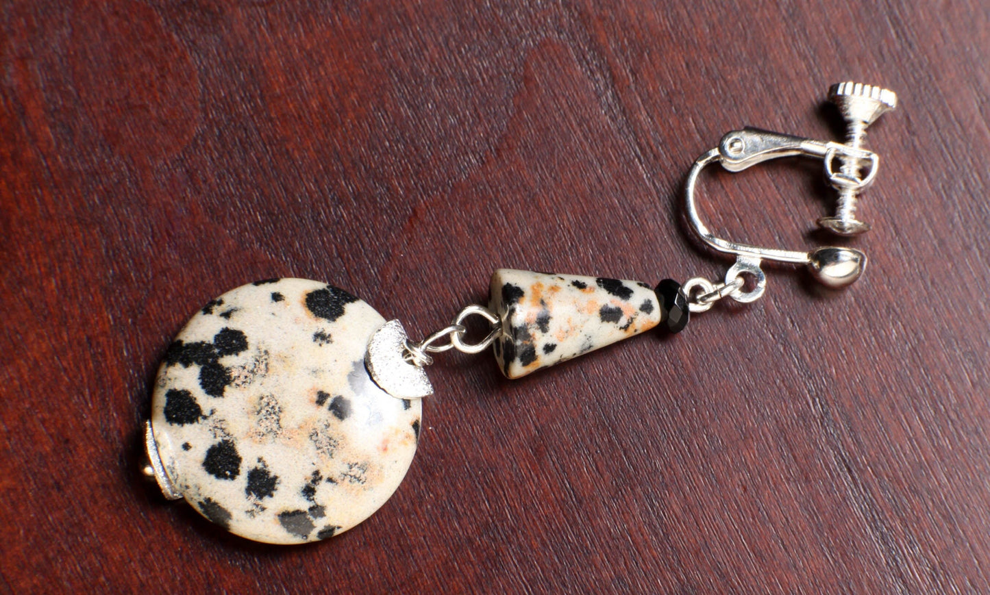 Dalmatian Jasper 20mm Round Disk with Dangling Cone in Choice of Silver Leverback or Clip On Earrings