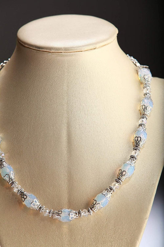 Stunning Victorian Style Opalite Quartz Rice Oval with Bead Cap Extension Chain Necklace