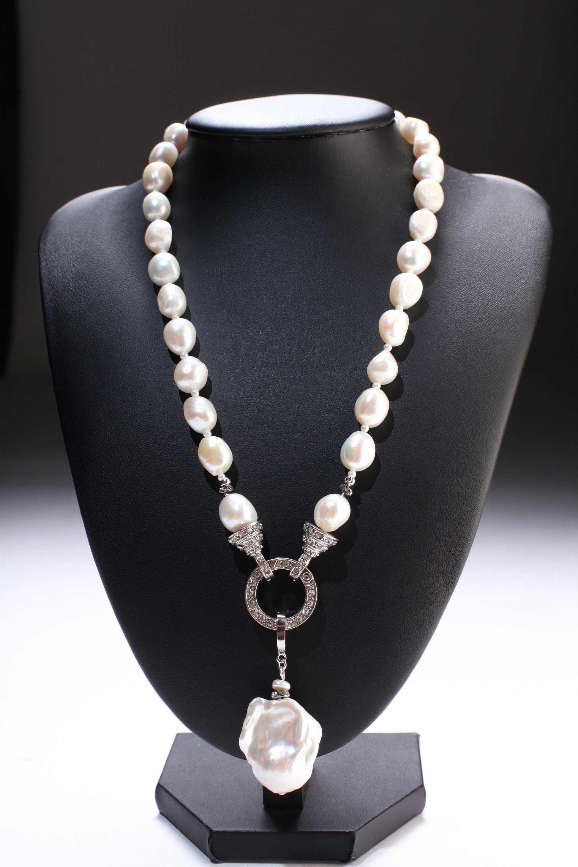 Genuine Freshwater Baroque pearl ,tiny pearl Spacers, Large 28mm Flame ball baroque pearl Detachable Pendant, Carabiner CZ Clasp 18"necklace