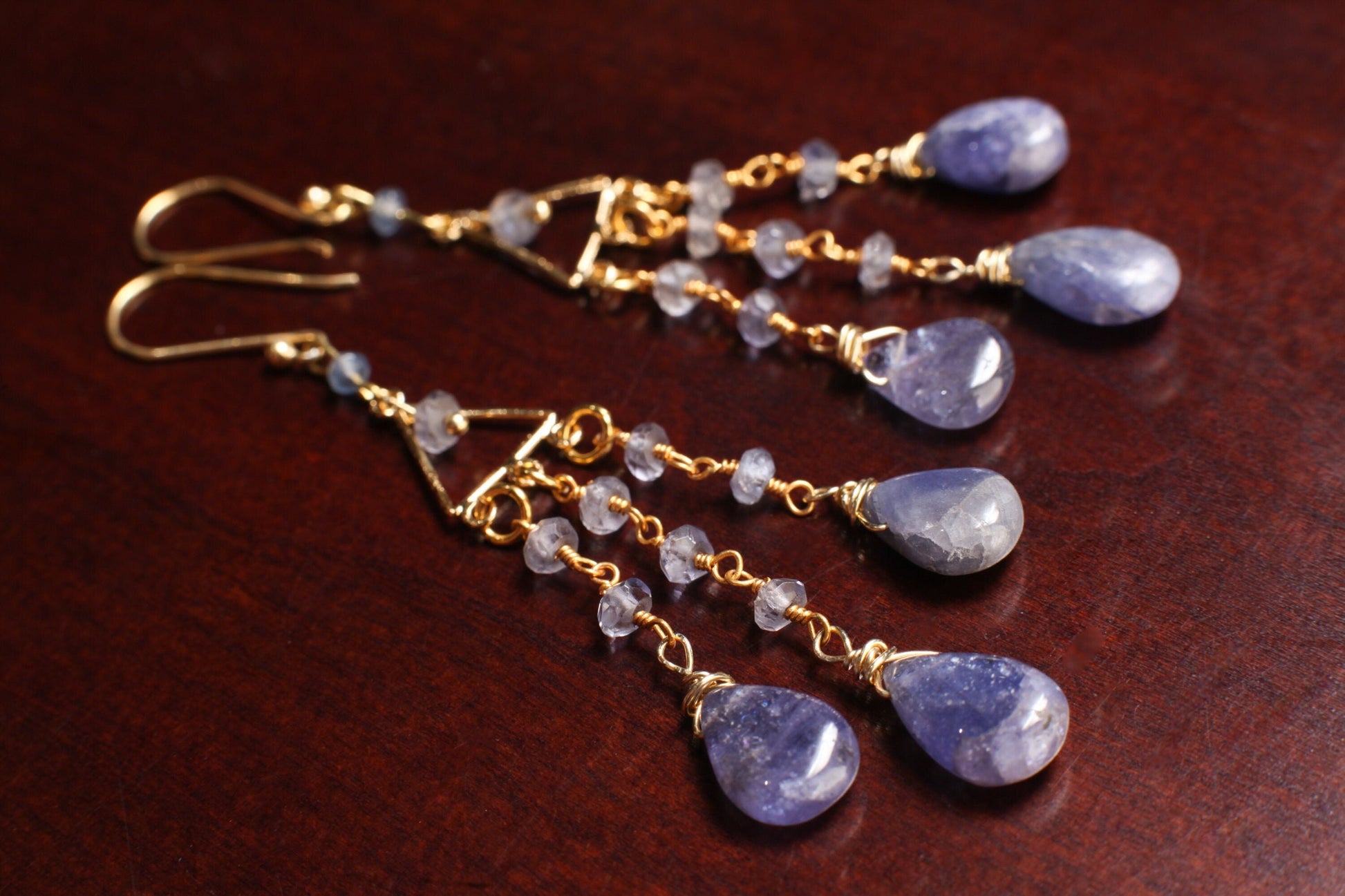 Tanzanite Chandelier Dangling Teardrop 8x12mm Earrings in Gold Vermeil Over 925 Sterling Silver Hook Earwire