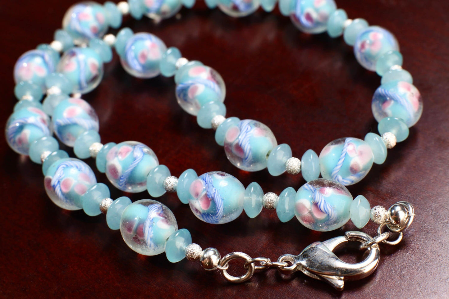 Czech Glass Pink Flowers Foil Lamp work 12x13mm Oval Beads with Blue Aquamarine Rondelle, Brushed Silver Spacer Beads 21" Necklace