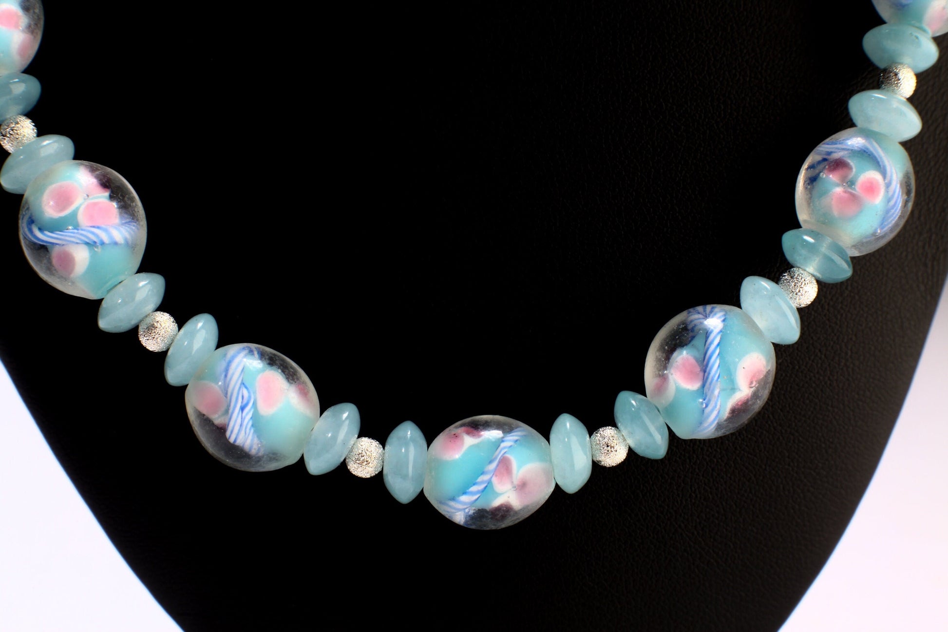 Czech Glass Pink Flowers Foil Lamp work 12x13mm Oval Beads with Blue Aquamarine Rondelle, Brushed Silver Spacer Beads 21" Necklace