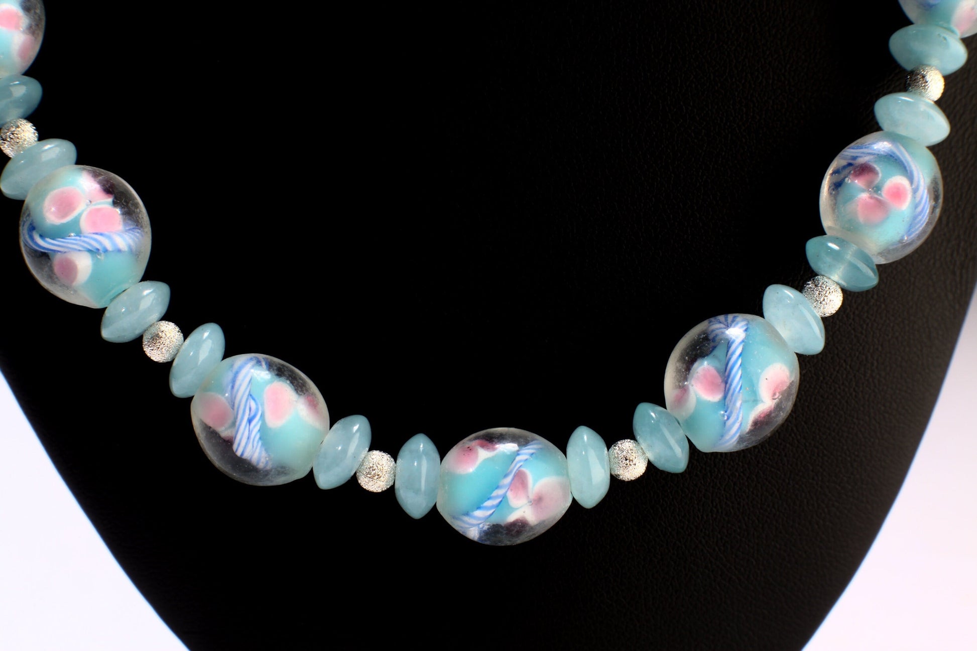 Czech Glass Pink Flowers Foil Lamp work 12x13mm Oval Beads with Blue Aquamarine Rondelle, Brushed Silver Spacer Beads 21" Necklace