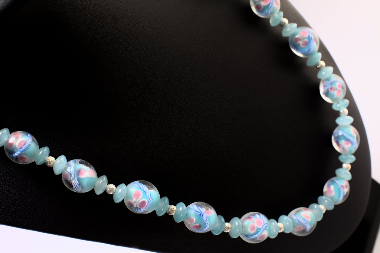 Czech Glass Pink Flowers Foil Lamp work 12x13mm Oval Beads with Blue Aquamarine Rondelle, Brushed Silver Spacer Beads 21&quot; Necklace